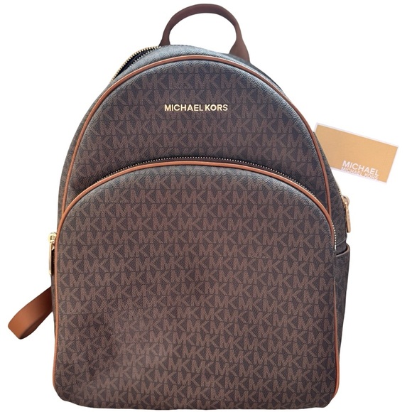 NWT Michael Kors Abbey Signature Brown/Acorn Backpack with Gold Accents (Large) - Picture 1 of 11